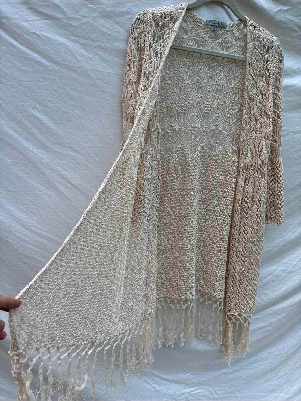 Olivia Sky Cream Open-Knit Fringe Duster Cardigan